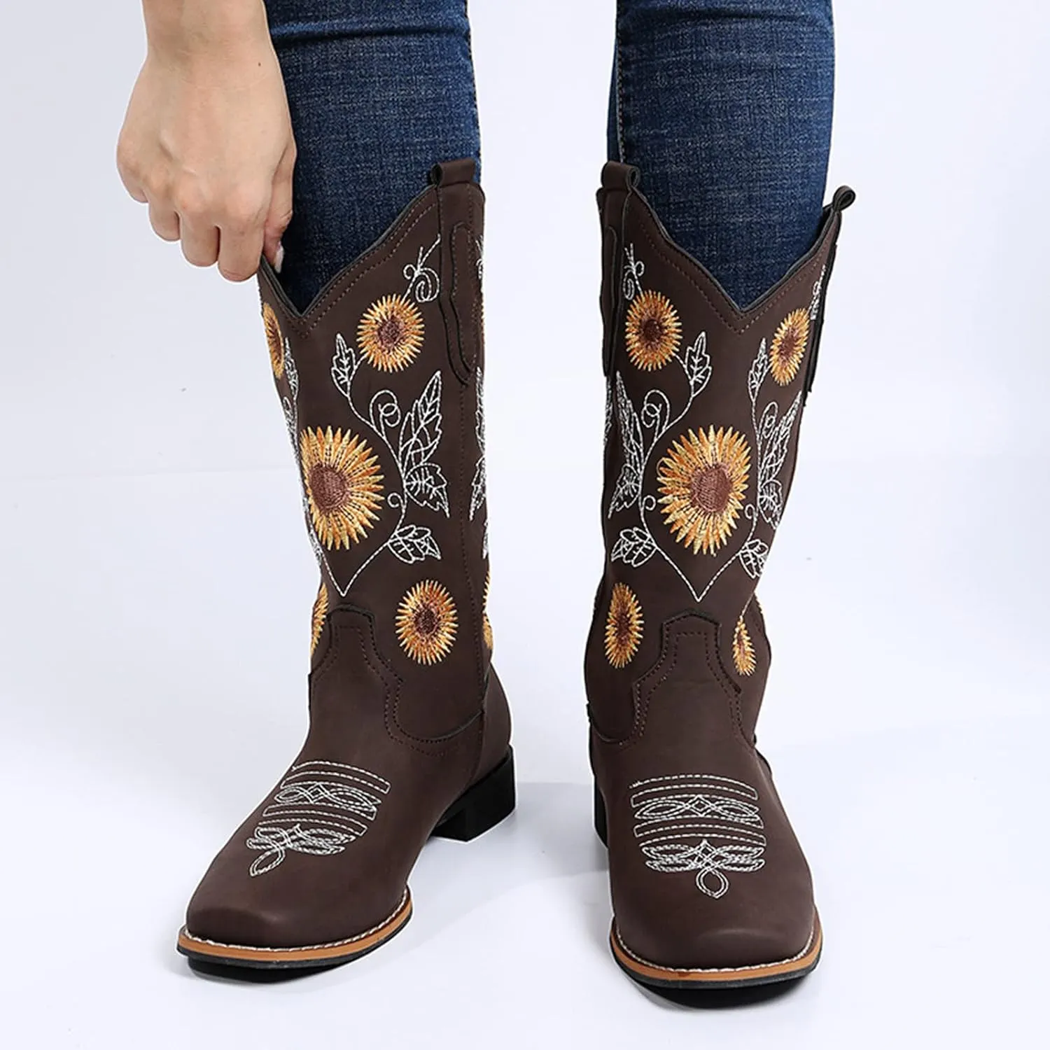ZHOUYF Women Mid Calf Cowboy Boots Pull-on Sunflower Print Embroidery Riding Boots Low Heel Pointed-Toe Cowgirl Western Boots