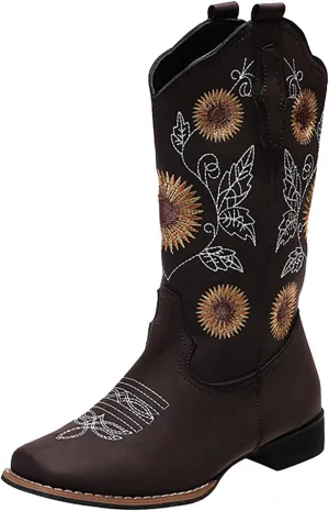 ZHOUYF Women Mid Calf Cowboy Boots Pull-on Sunflower Print Embroidery Riding Boots Low Heel Pointed-Toe Cowgirl Western Boots