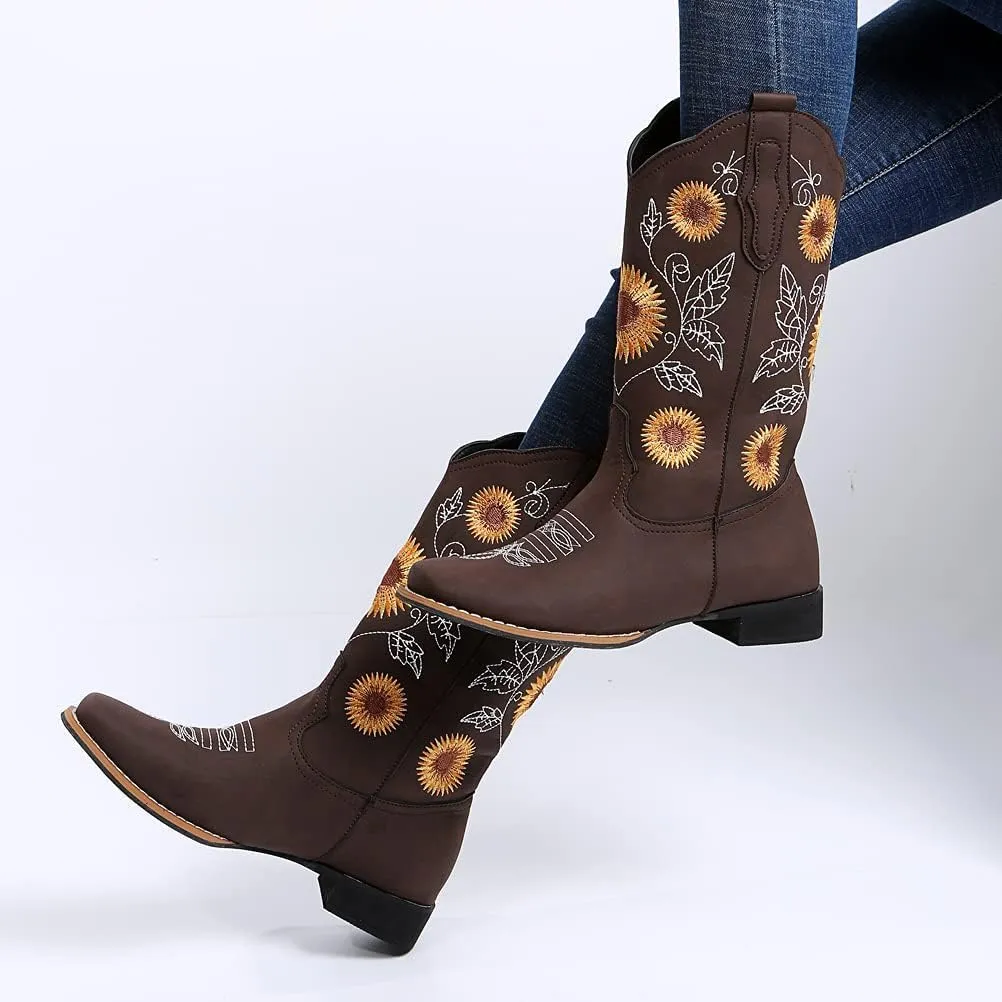 ZHOUYF Women Mid Calf Cowboy Boots Pull-on Sunflower Print Embroidery Riding Boots Low Heel Pointed-Toe Cowgirl Western Boots