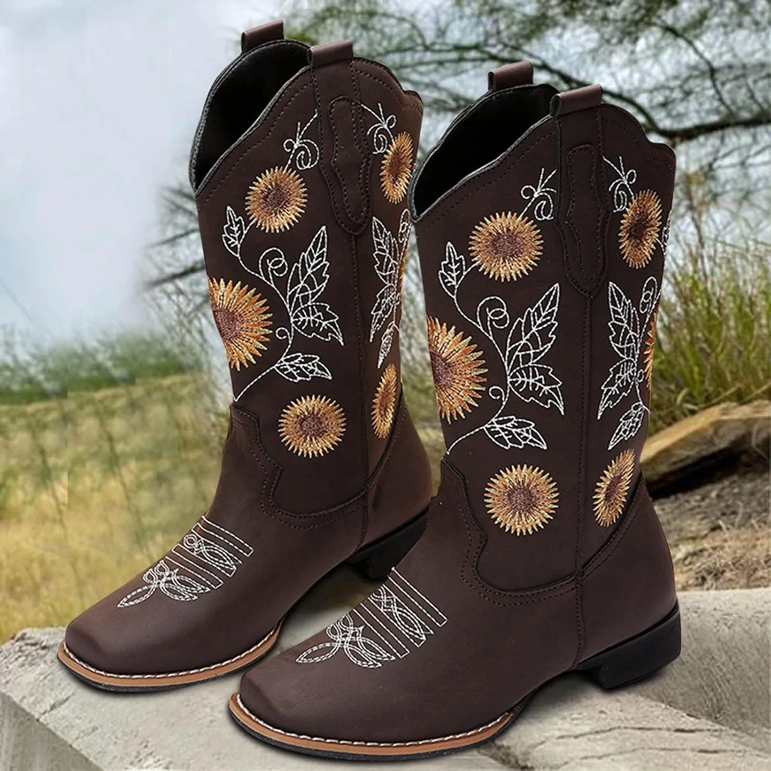 ZHOUYF Women Mid Calf Cowboy Boots Pull-on Sunflower Print Embroidery Riding Boots Low Heel Pointed-Toe Cowgirl Western Boots