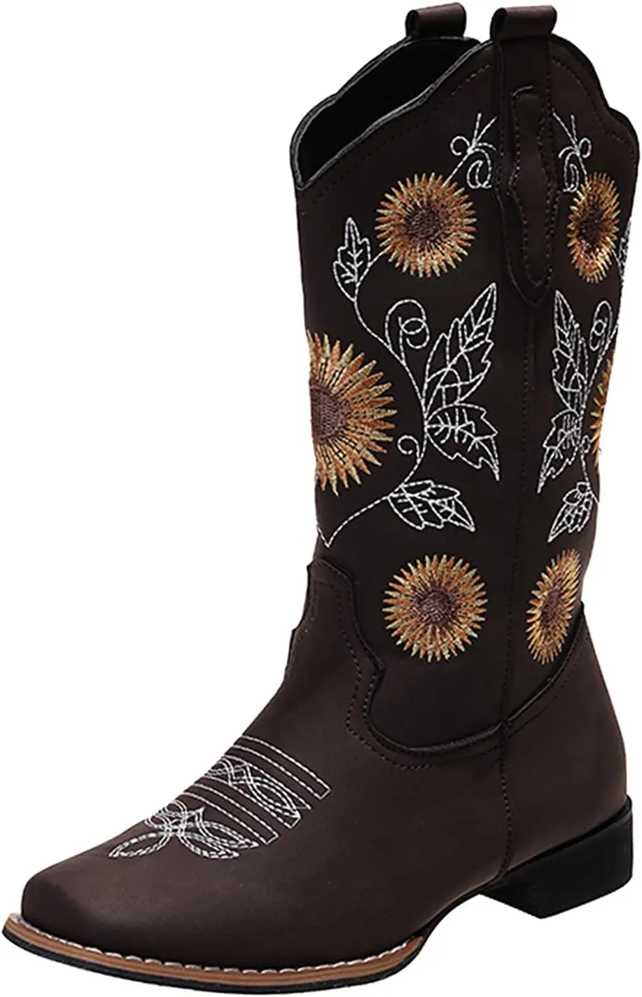 ZHOUYF Women Mid Calf Cowboy Boots Pull-on Sunflower Print Embroidery Riding Boots Low Heel Pointed-Toe Cowgirl Western Boots