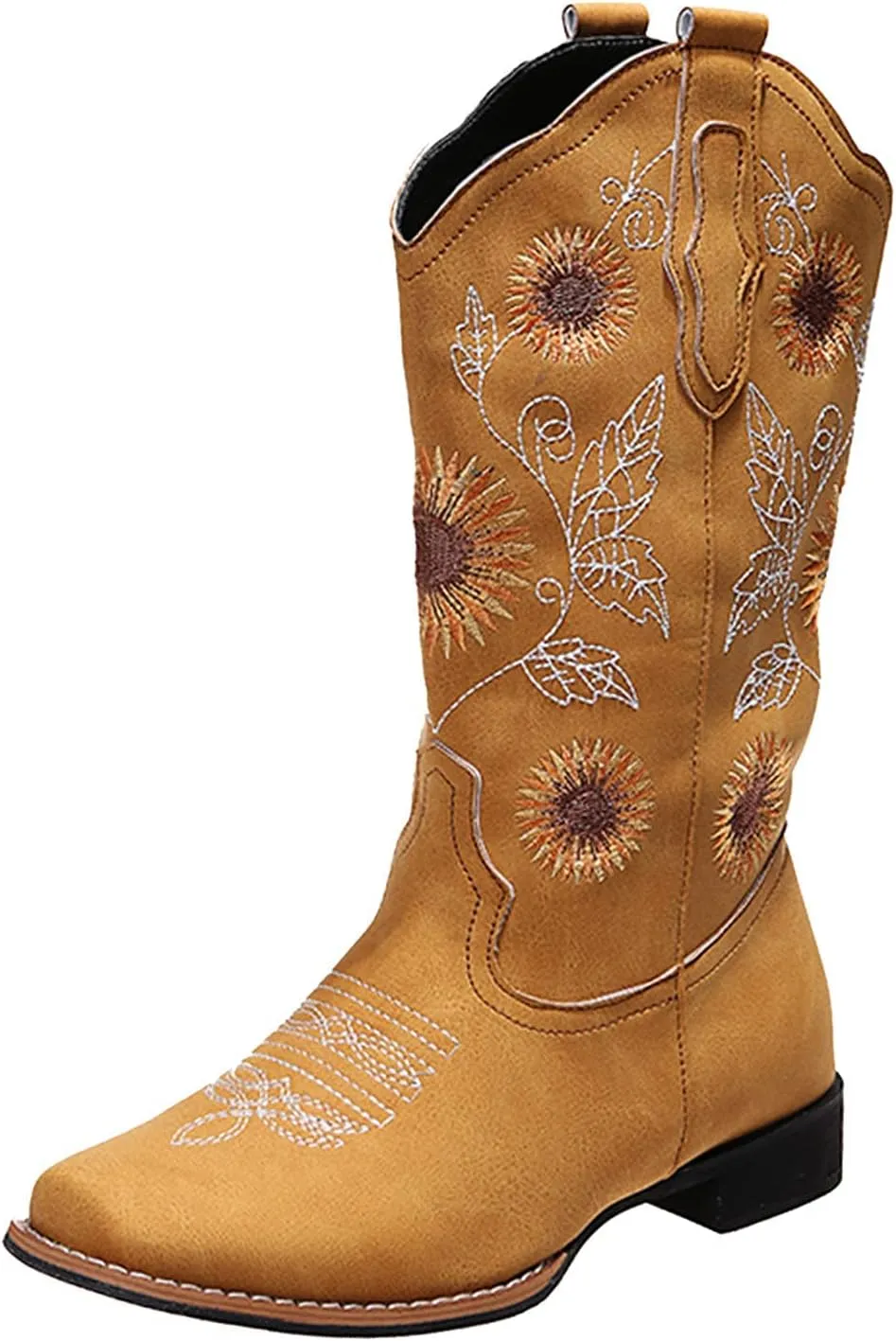 ZHOUYF Women Mid Calf Cowboy Boots Pull-on Sunflower Print Embroidery Riding Boots Low Heel Pointed-Toe Cowgirl Western Boots